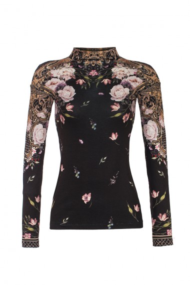 FINE KNITTING TOP IN BLACK - BAROQUE AND FLORAL MOTIVES